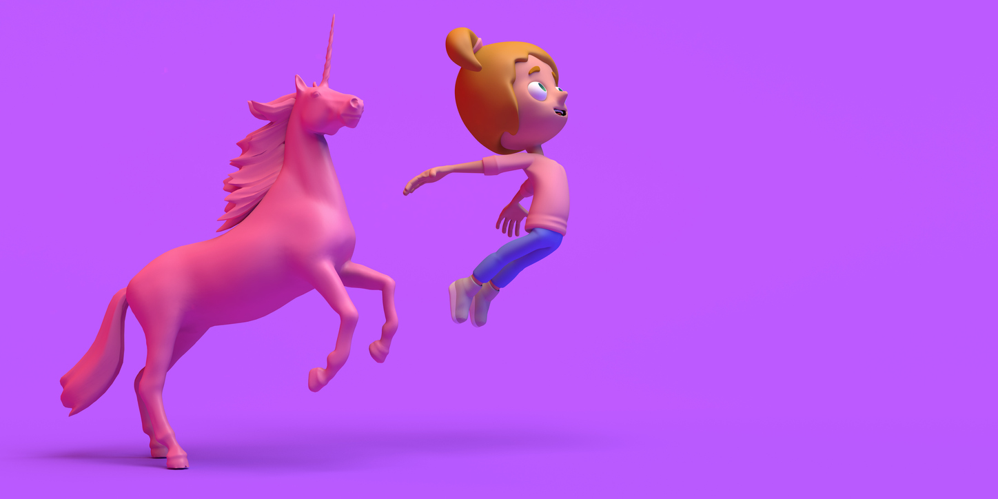 Dreamy girl flying next to fantastic unicorn