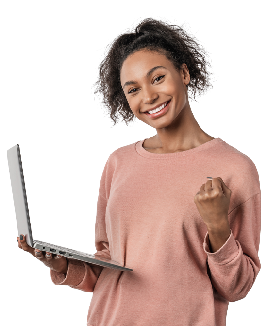 Young happy woman holding a laptop smiling at the camera